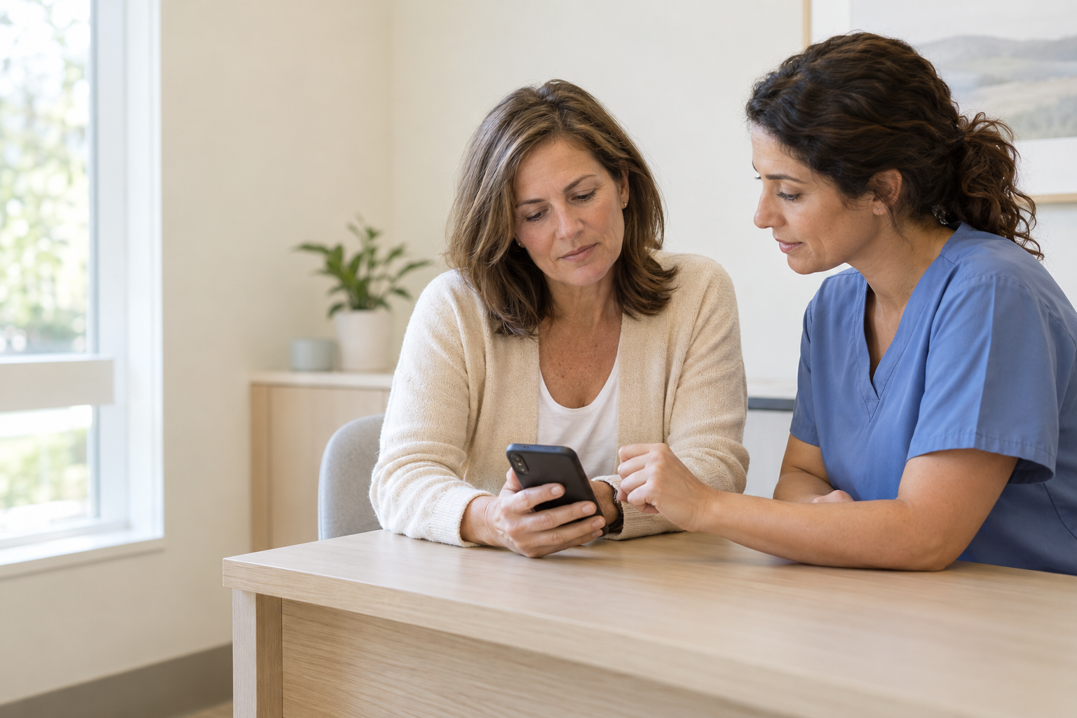 AI-generated image of a fictional adult and clinician looking at a phone